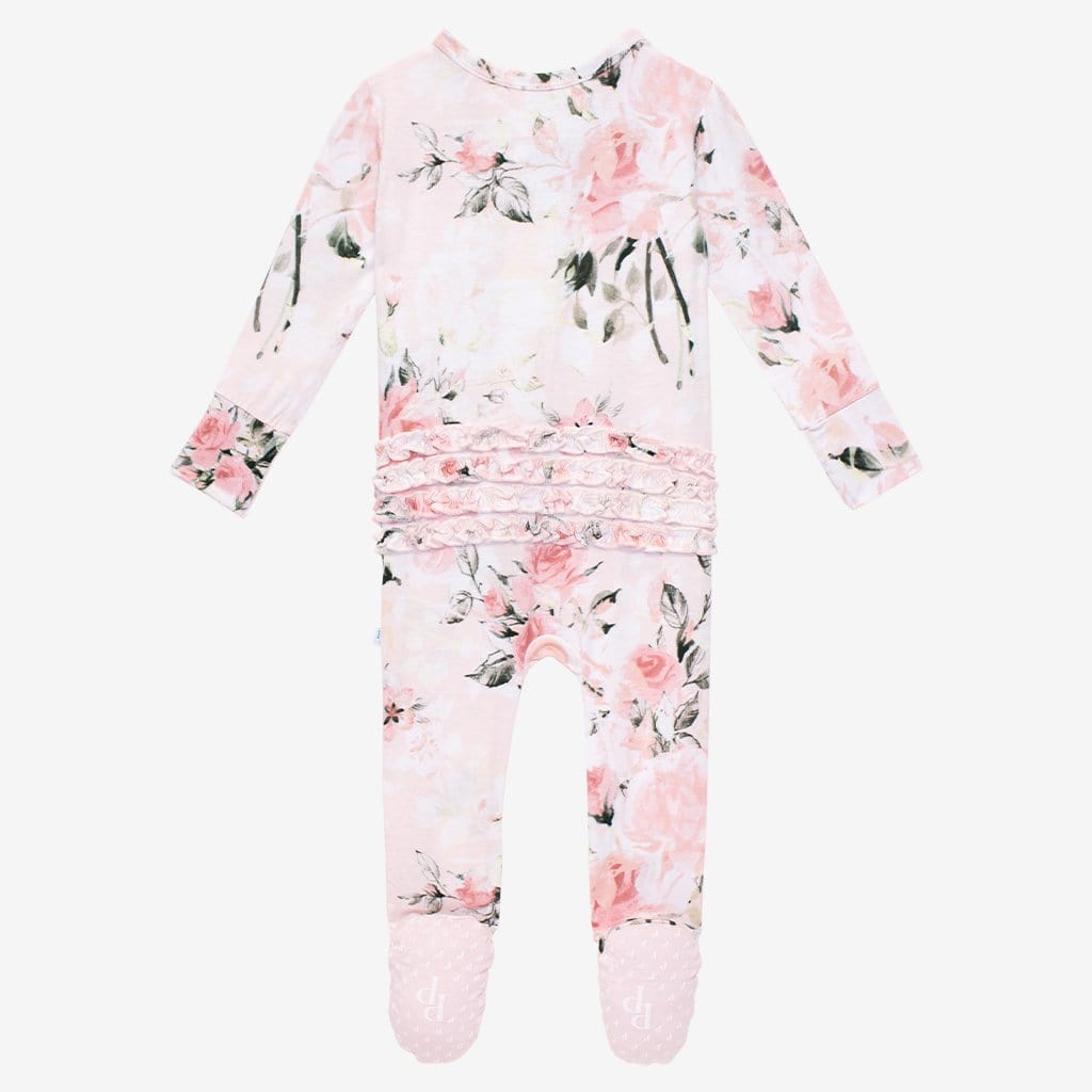 Vintage Pink Rose Footie Ruffled Zippered One Piece