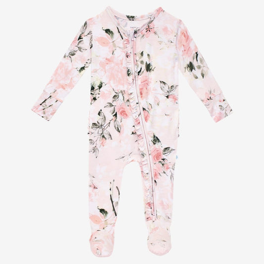 Vintage Pink Rose Footie Ruffled Zippered One Piece