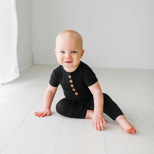 Black Ribbed Short Sleeve Henley Romper