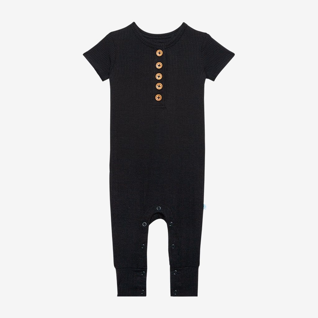 Black Ribbed Short Sleeve Henley Romper