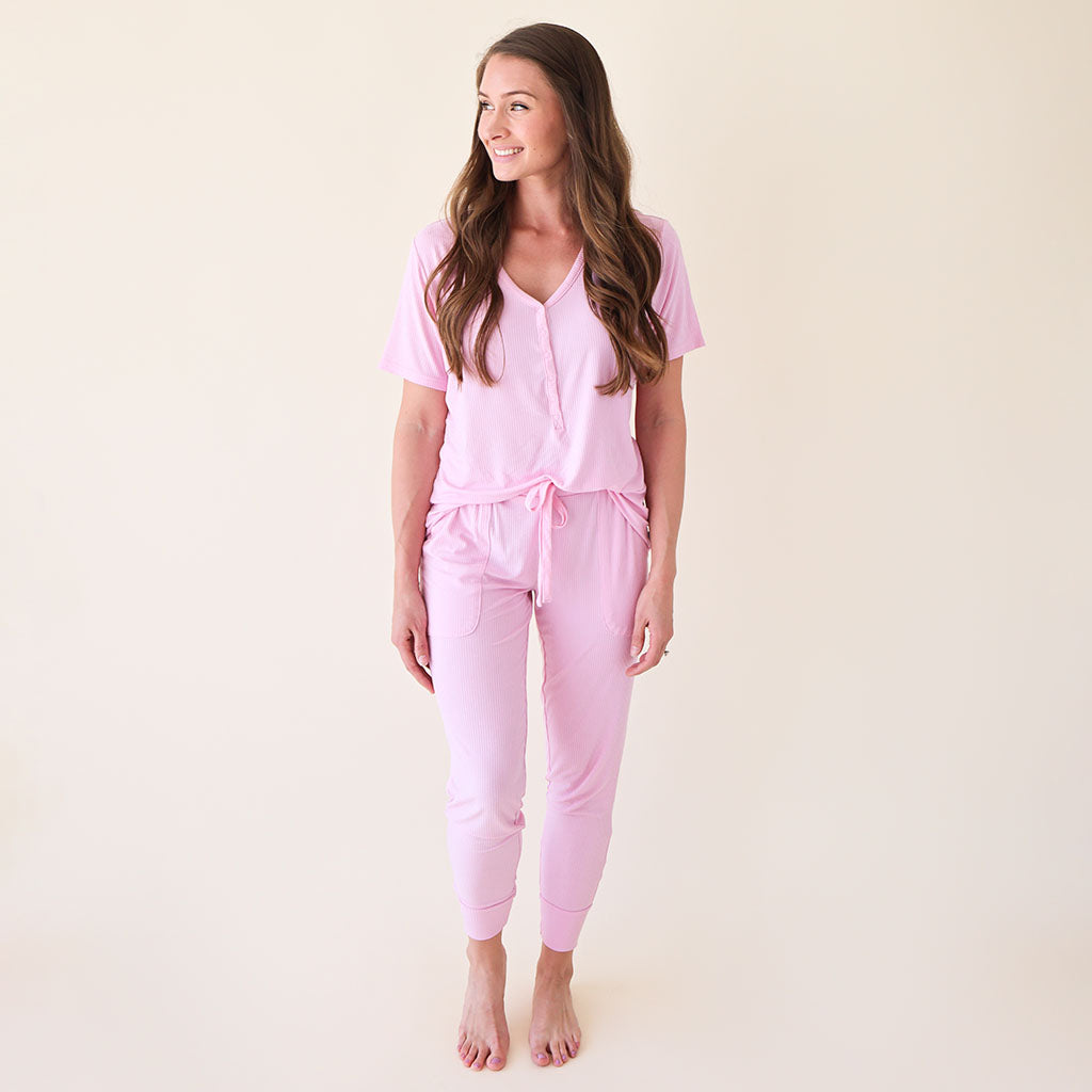 Posh Pink Ribbed Women's Short Sleeve Loungewear