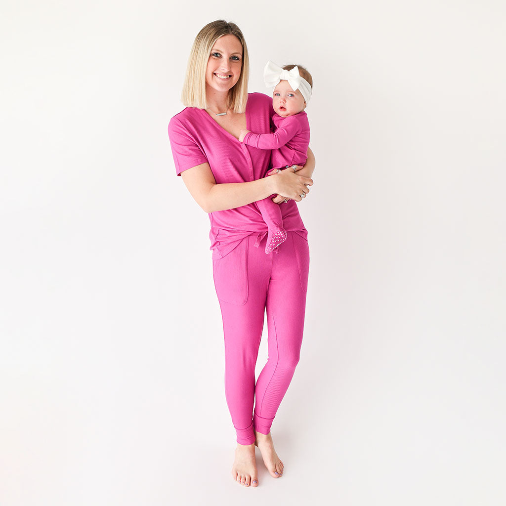 Posh Violet Ribbed Women's Short Sleeve Loungewear