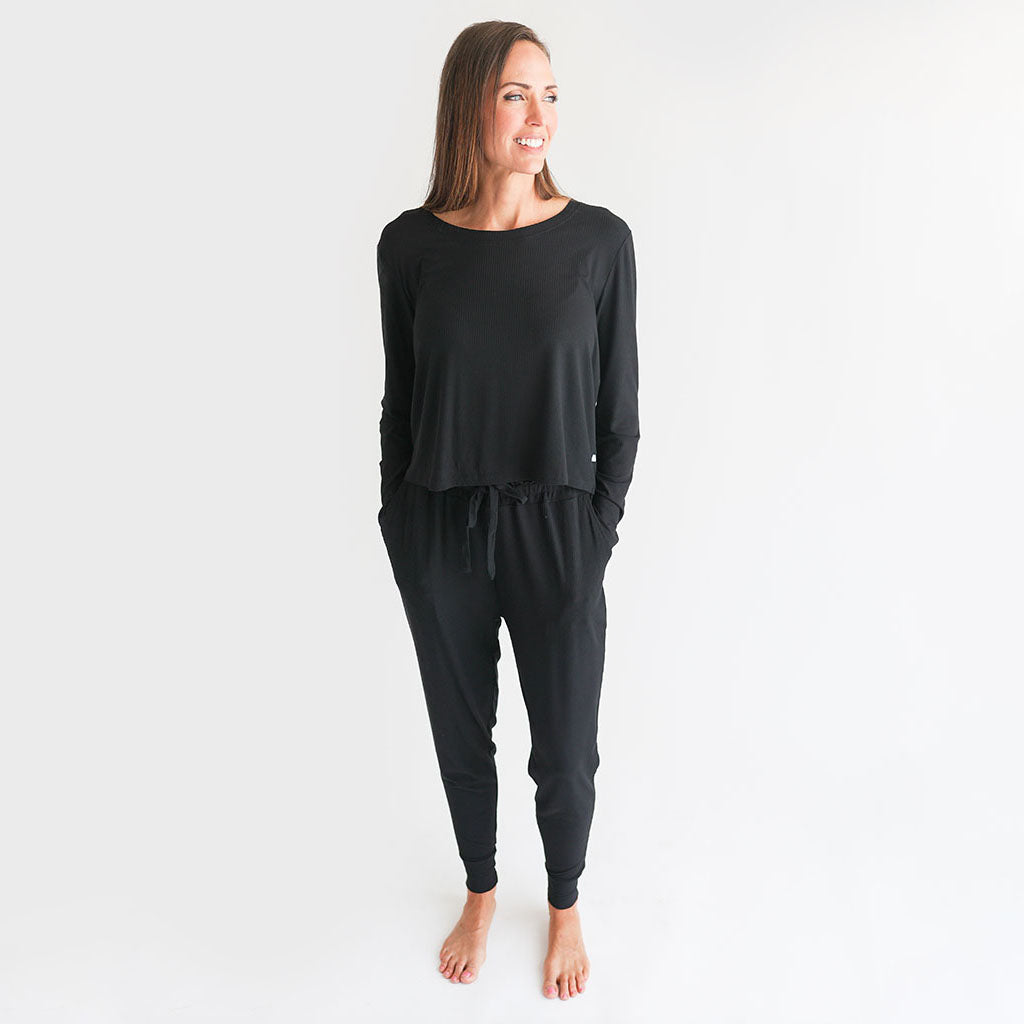 Black Ribbed Women's Long Sleeve Scoop Loungewear