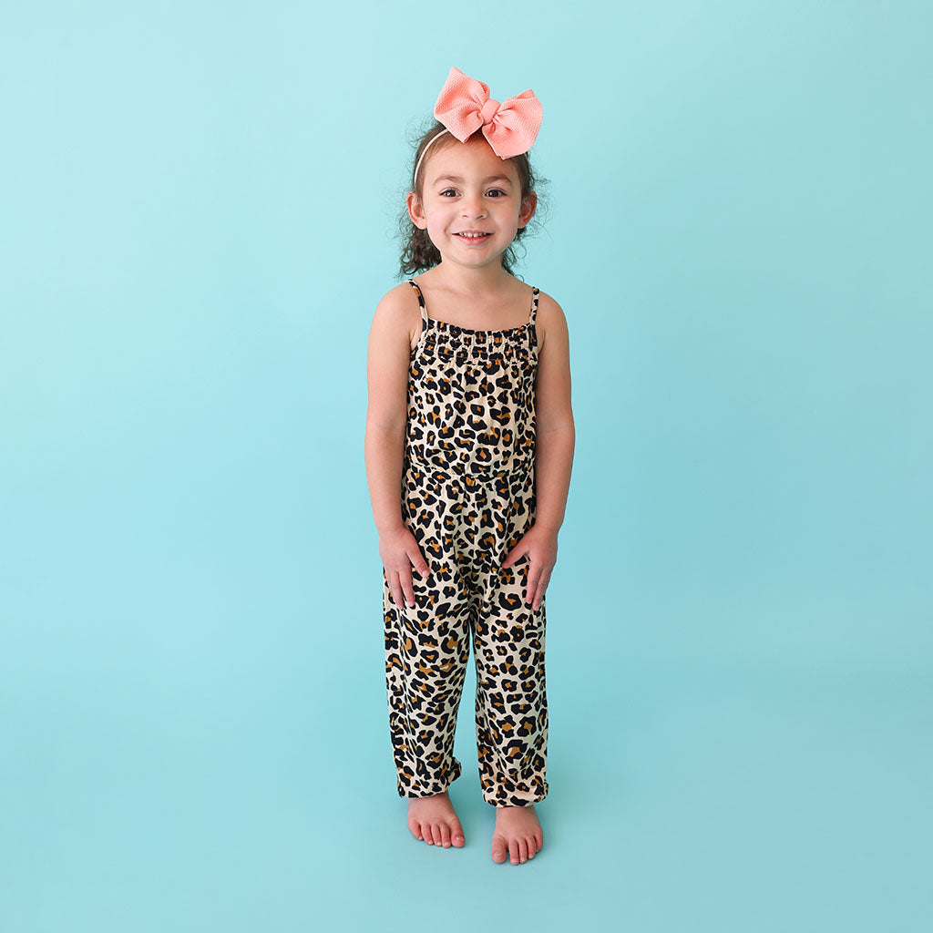 Lana Leopard Tan Sleeveless Smocked Jumpsuit