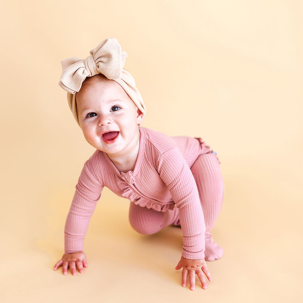 Dusty Rose Ribbed Footie Ruffled Zippered One Piece