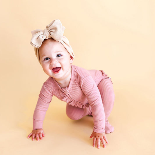 Dusty Rose Ribbed Footie Ruffled Zippered One Piece
