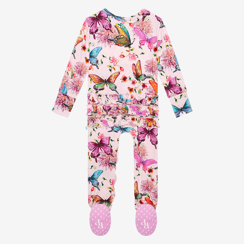 Watercolor Butterfly Footie Ruffled Zippered One Piece