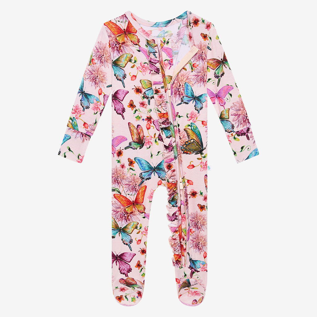 Watercolor Butterfly Footie Ruffled Zippered One Piece