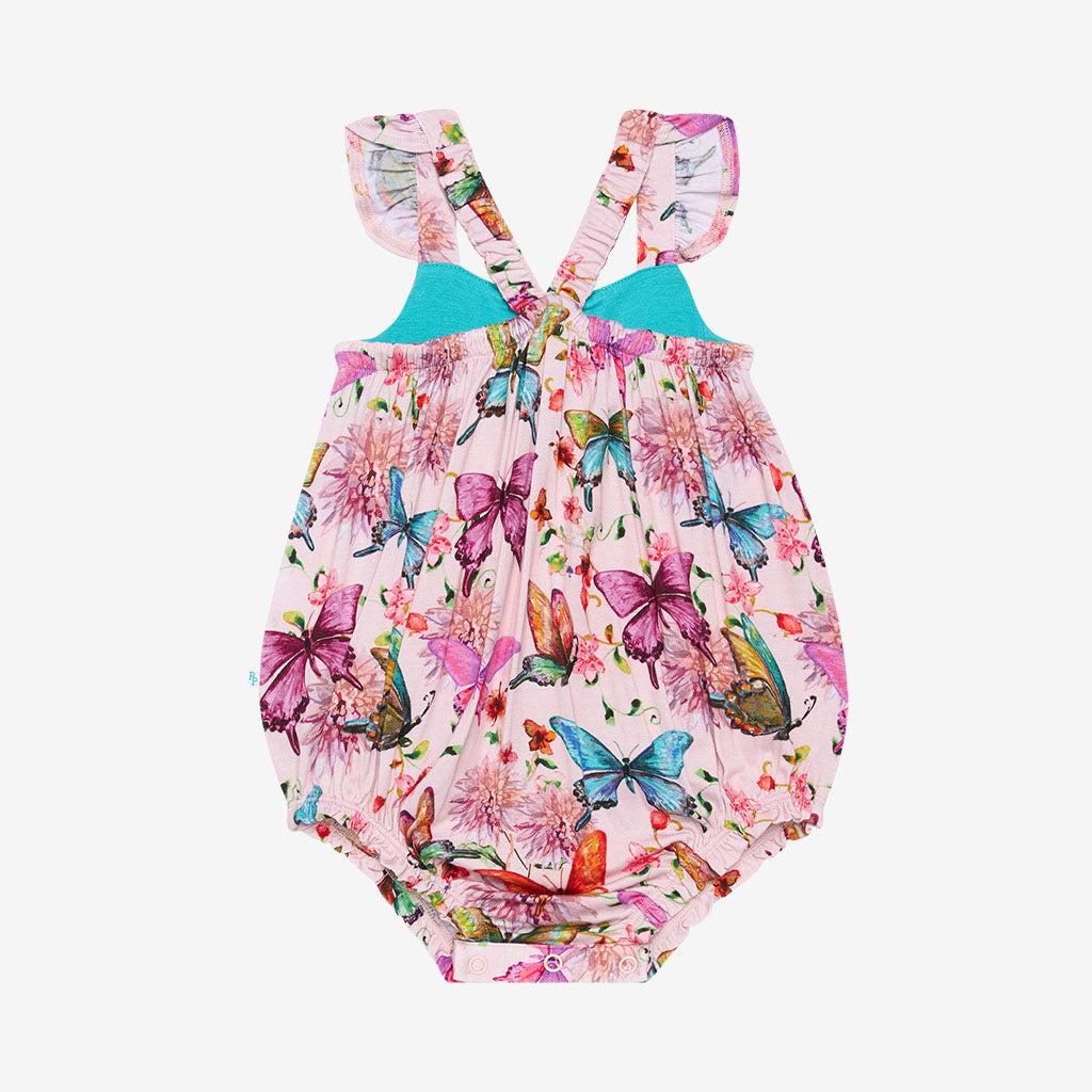 Watercolor Butterfly Ruffled Cap Sleeve Henley Bubble Romper