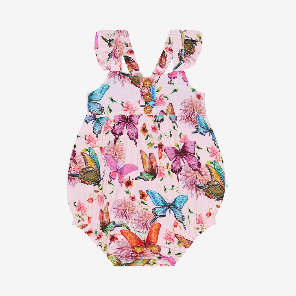 Watercolor Butterfly Ruffled Cap Sleeve Henley Bubble Romper