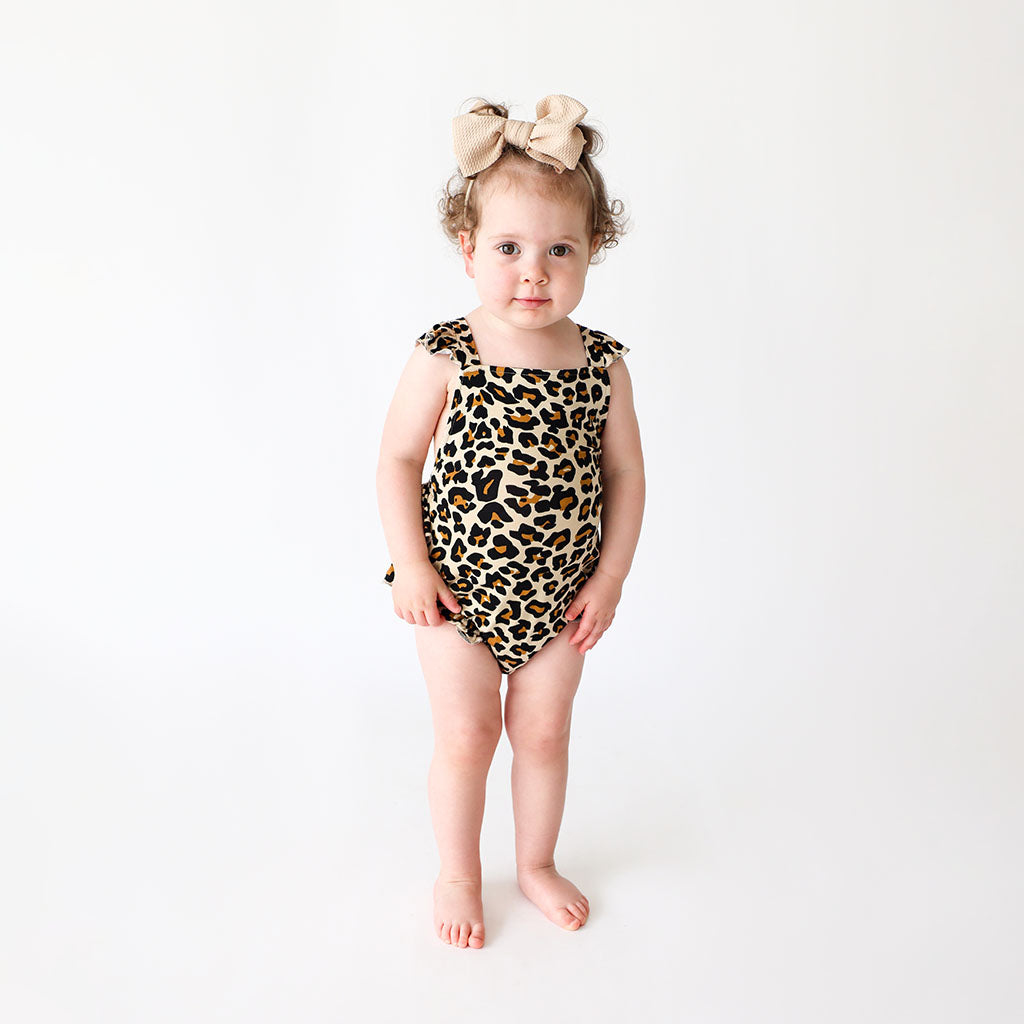 Lana Leopard Tan Ruffled Strap Bubble Romper
