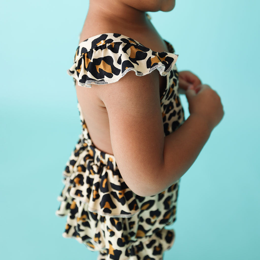 Lana Leopard Tan Ruffled Strap Bubble Romper