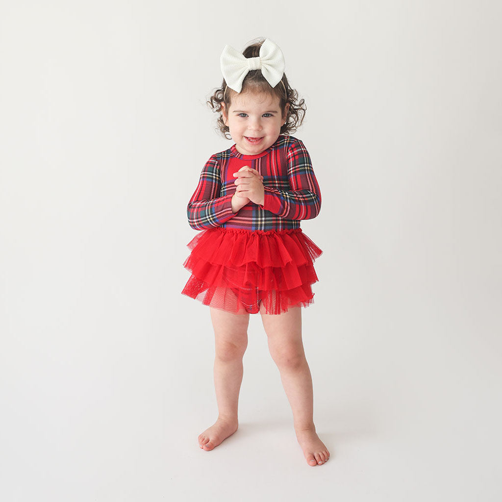 Red Tartan Plaid Long Sleeve Tulle Skirt Bodysuit Dress