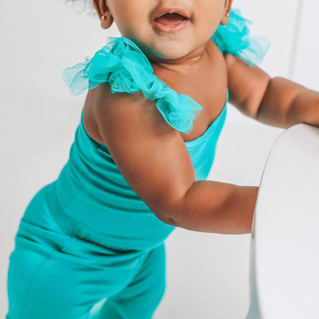 Signature Teal Ruffled Tulle Sleeveless Bodysuit