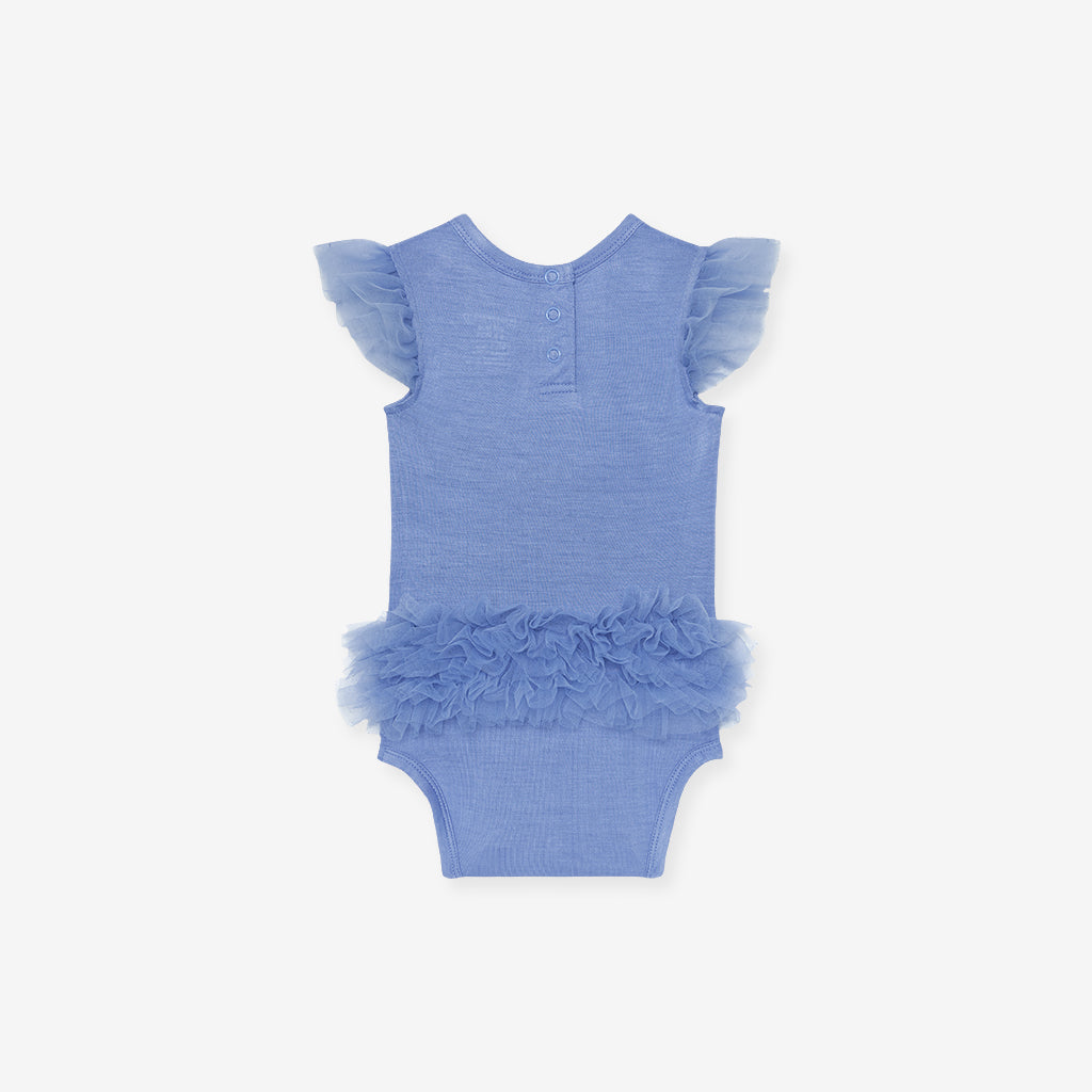 Blue Dew Tulle Sleeve Ruffled Back Bodysuit