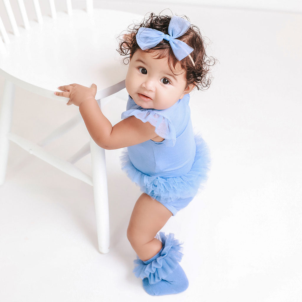 Blue Dew Tulle Sleeve Ruffled Back Bodysuit
