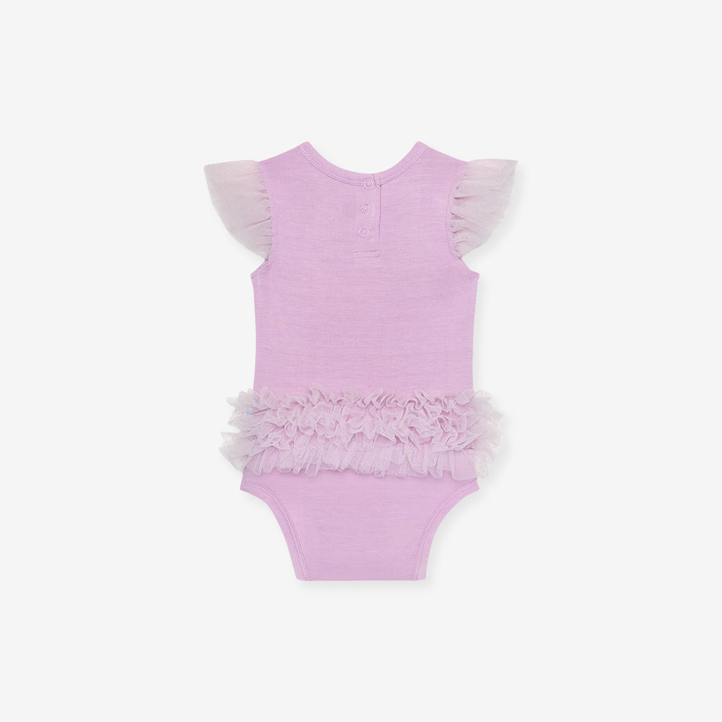 Lovely Lavender Tulle Sleeve Ruffled Back Bodysuit