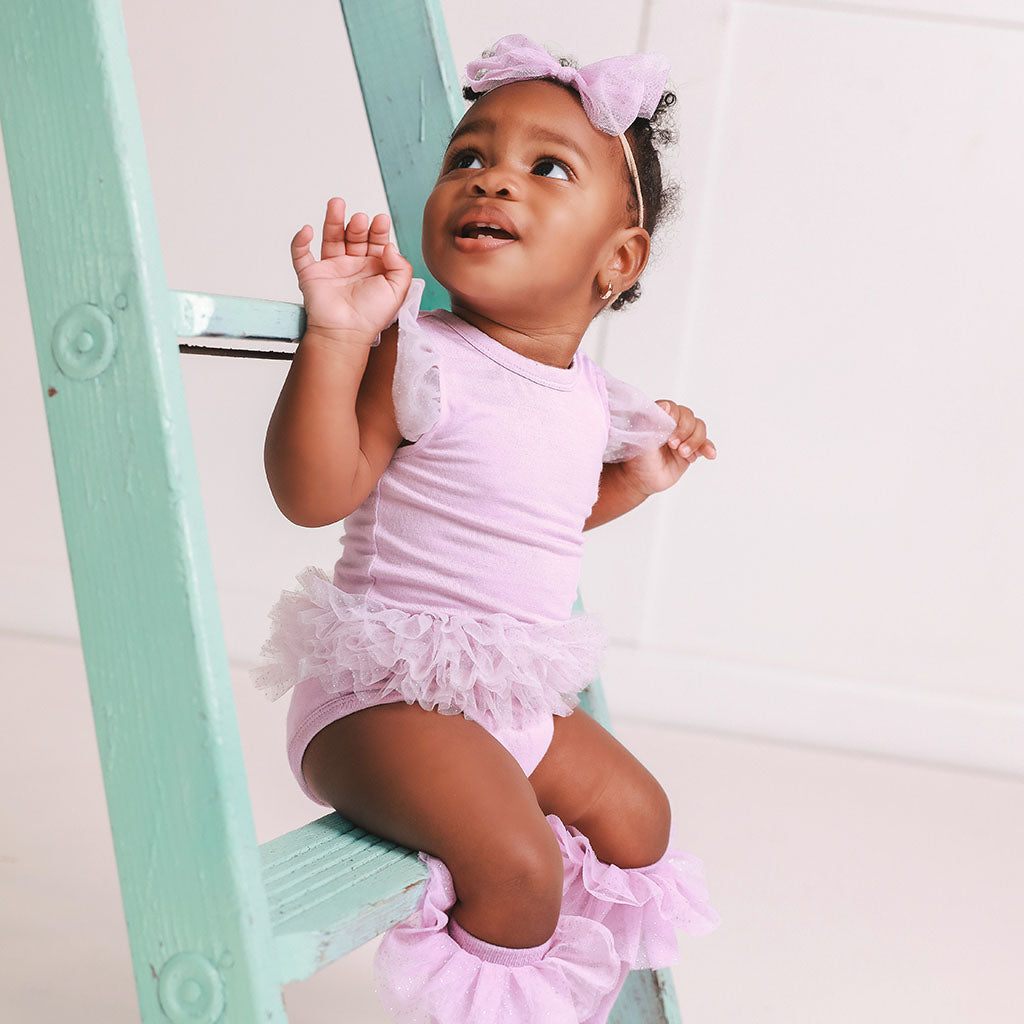 Lovely Lavender Tulle Sleeve Ruffled Back Bodysuit
