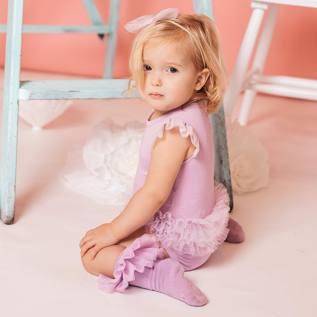 Lovely Lavender Tulle Sleeve Ruffled Back Bodysuit