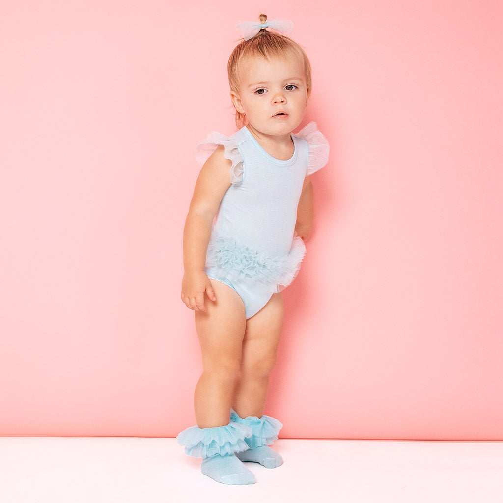 Starry Blue Tulle Sleeve Ruffled Back Bodysuit