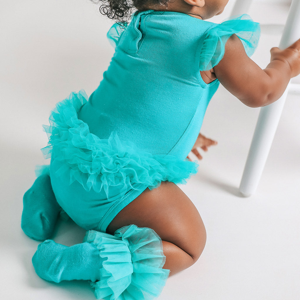 Signature Teal Tulle Sleeve Ruffled Back Bodysuit