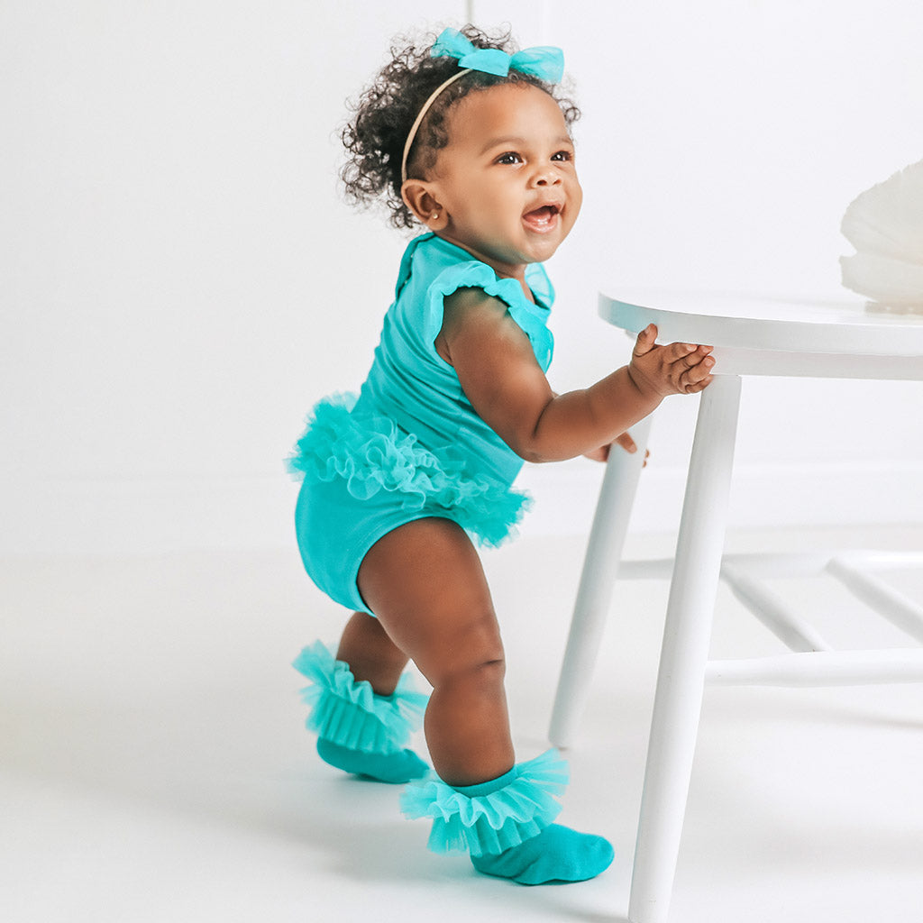 Signature Teal Tulle Sleeve Ruffled Back Bodysuit