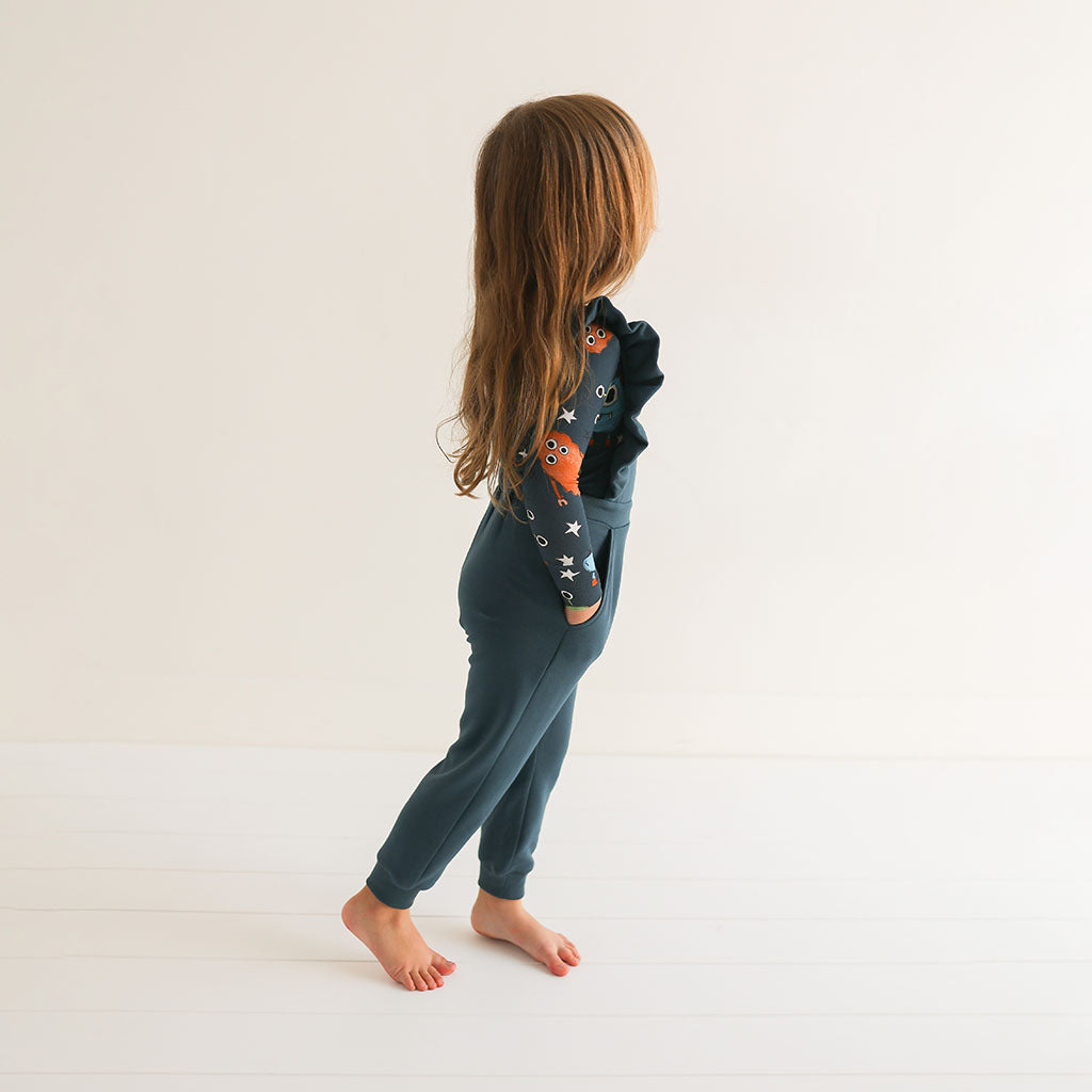 Spacelings Blue Fleece Ruffled Overalls