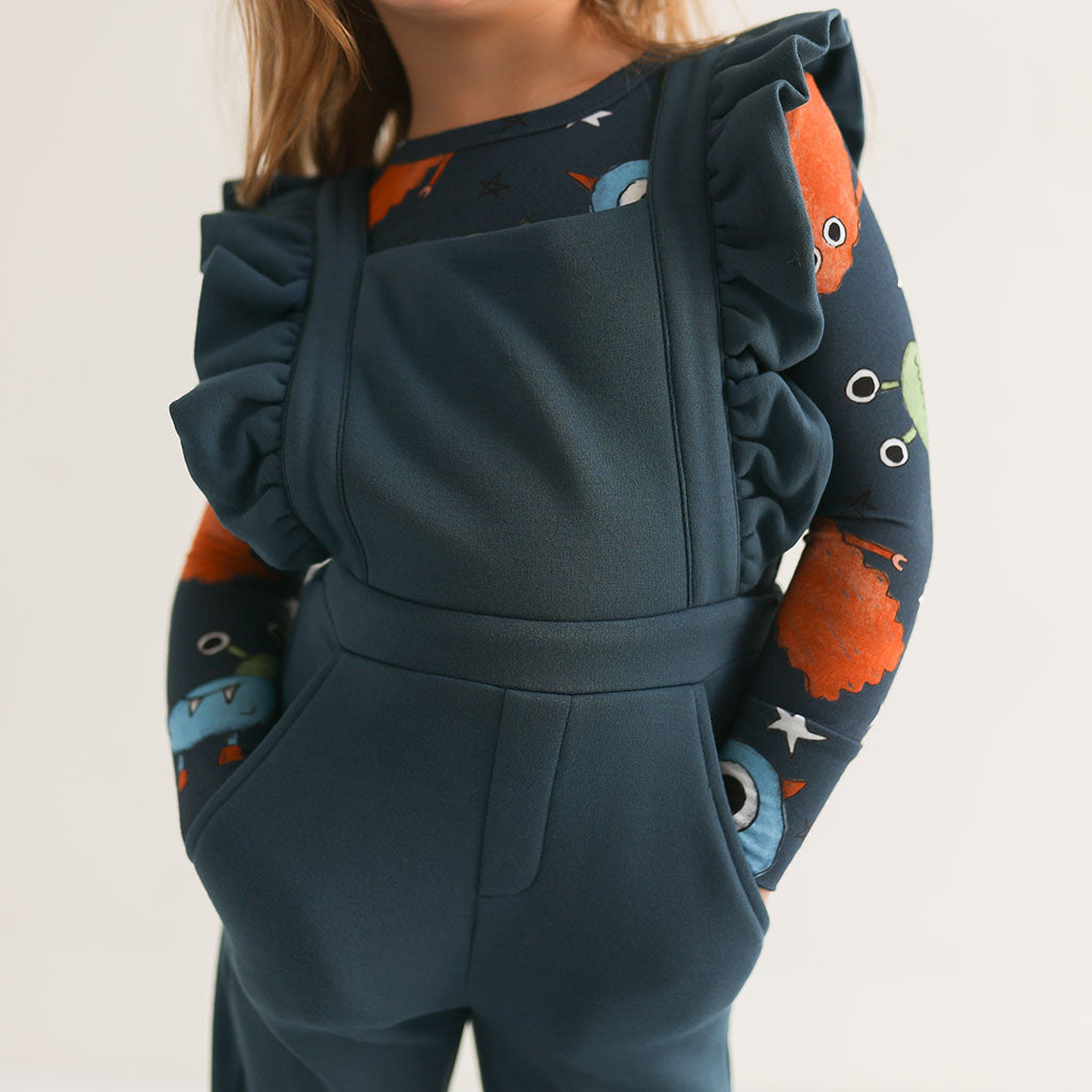 Spacelings Blue Fleece Ruffled Overalls