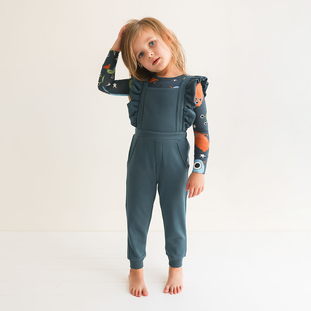 Spacelings Blue Fleece Ruffled Overalls