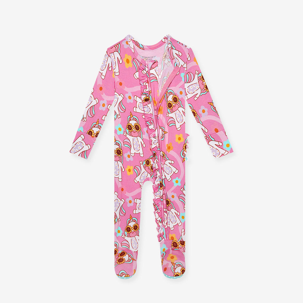 Unicorn Vibes Footie Ruffled Zippered One Piece
