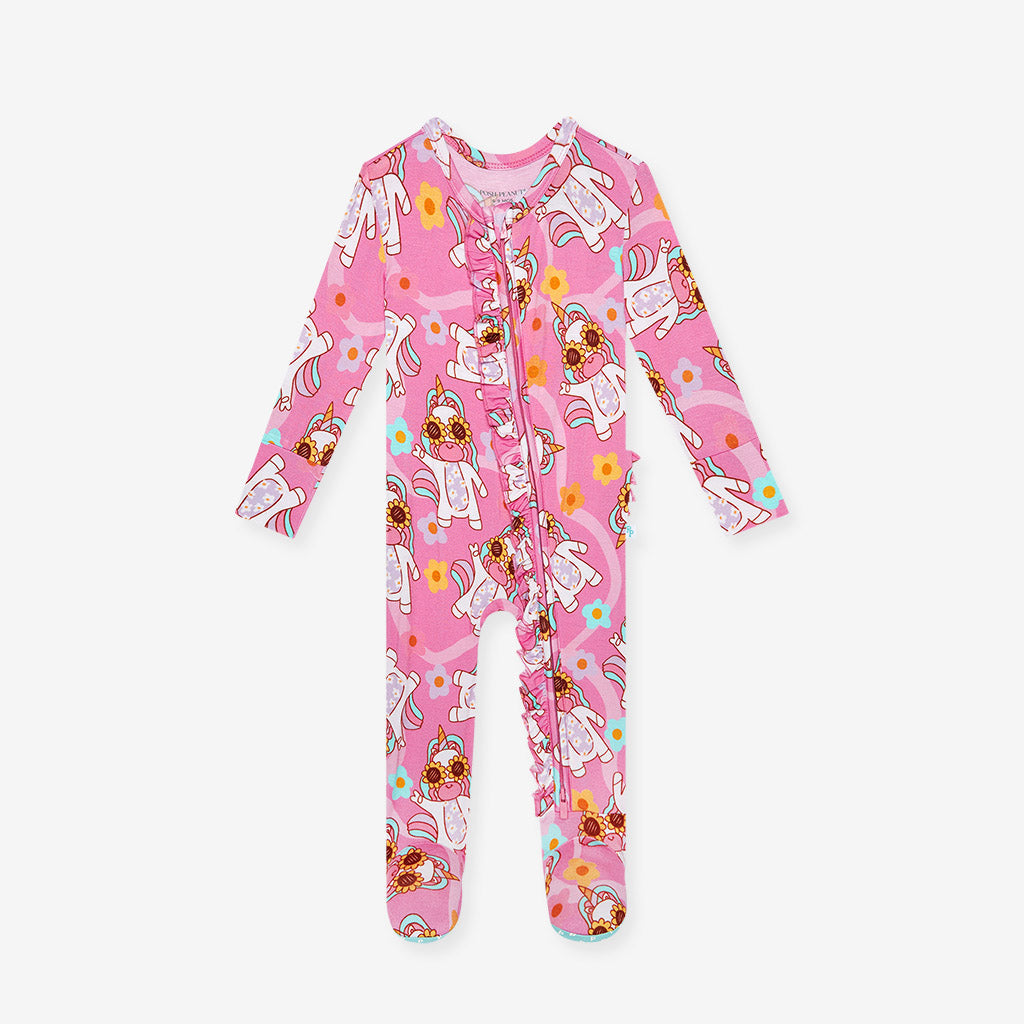 Unicorn Vibes Footie Ruffled Zippered One Piece