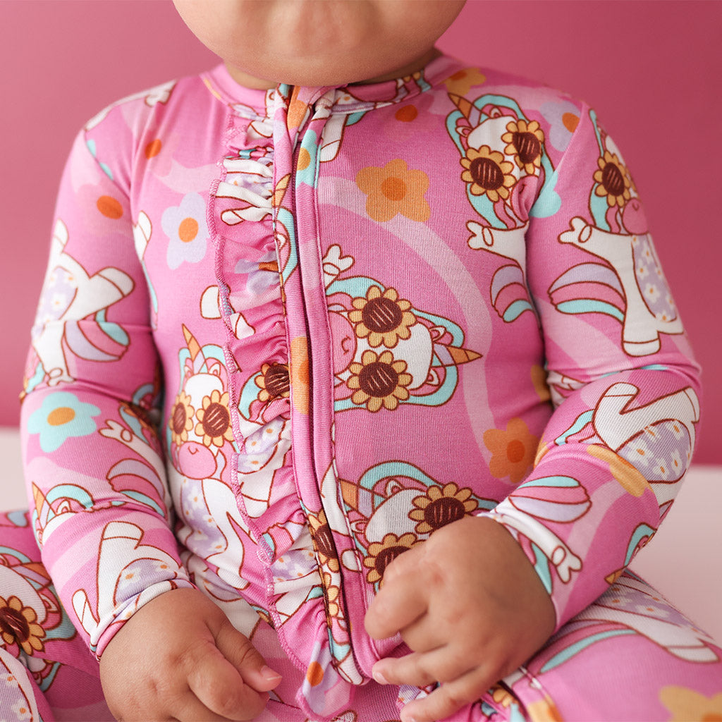 Unicorn Vibes Footie Ruffled Zippered One Piece
