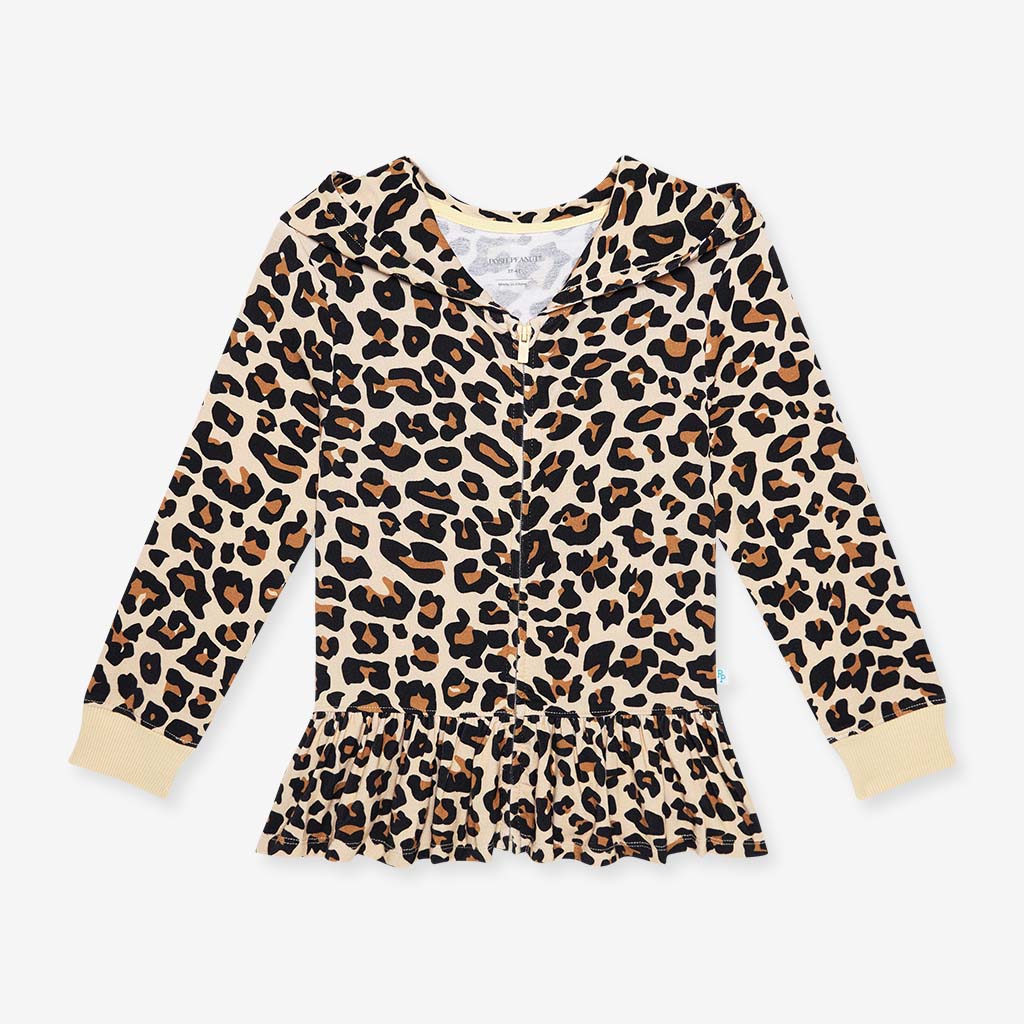 Lana Leopard Tan French Terry Long Sleeve Ruffled Zippered Hoodie