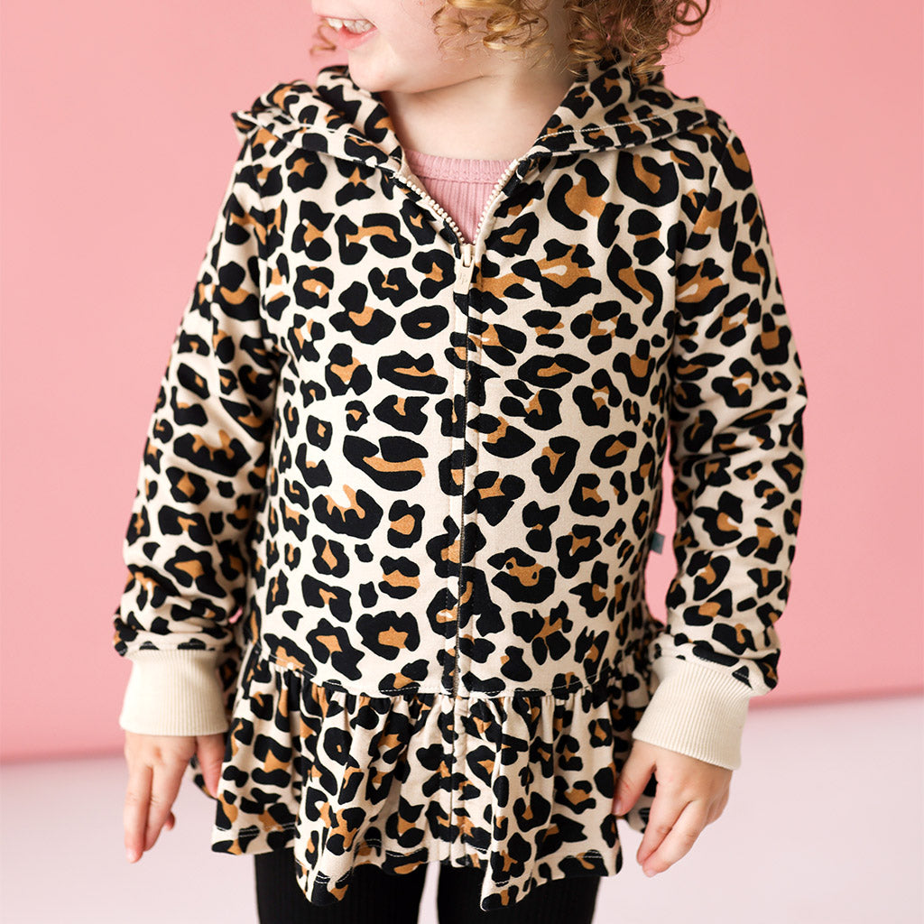 Lana Leopard Tan French Terry Long Sleeve Ruffled Zippered Hoodie