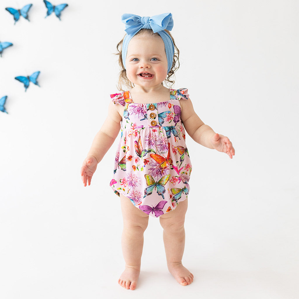 Watercolor Butterfly Ruffled Cap Sleeve Henley Bubble Romper