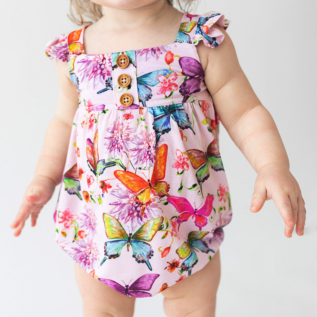 Watercolor Butterfly Ruffled Cap Sleeve Henley Bubble Romper
