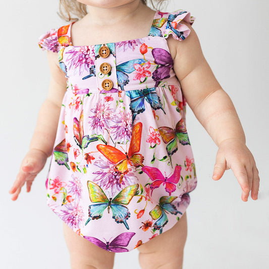 Watercolor Butterfly Ruffled Cap Sleeve Henley Bubble Romper