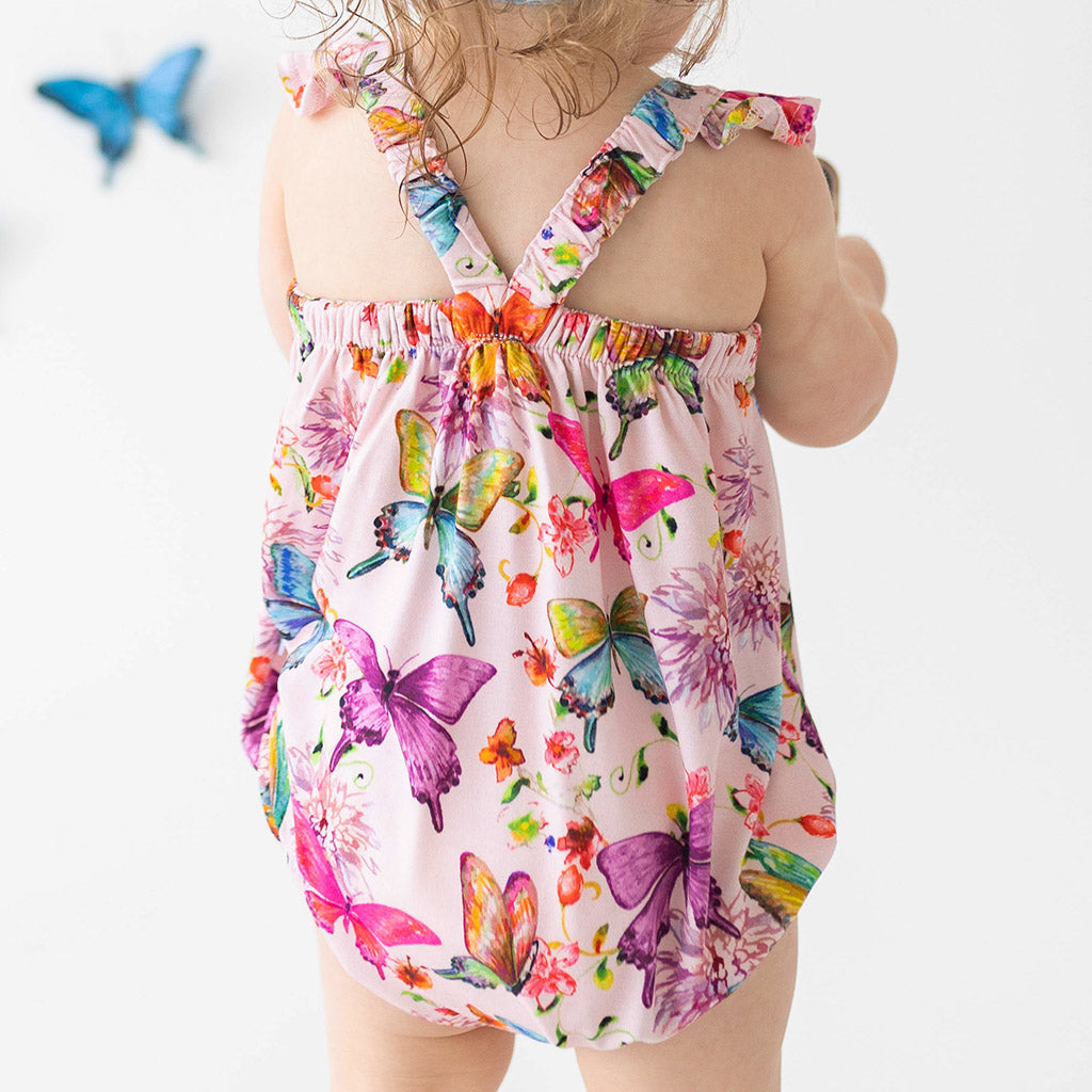 Watercolor Butterfly Ruffled Cap Sleeve Henley Bubble Romper