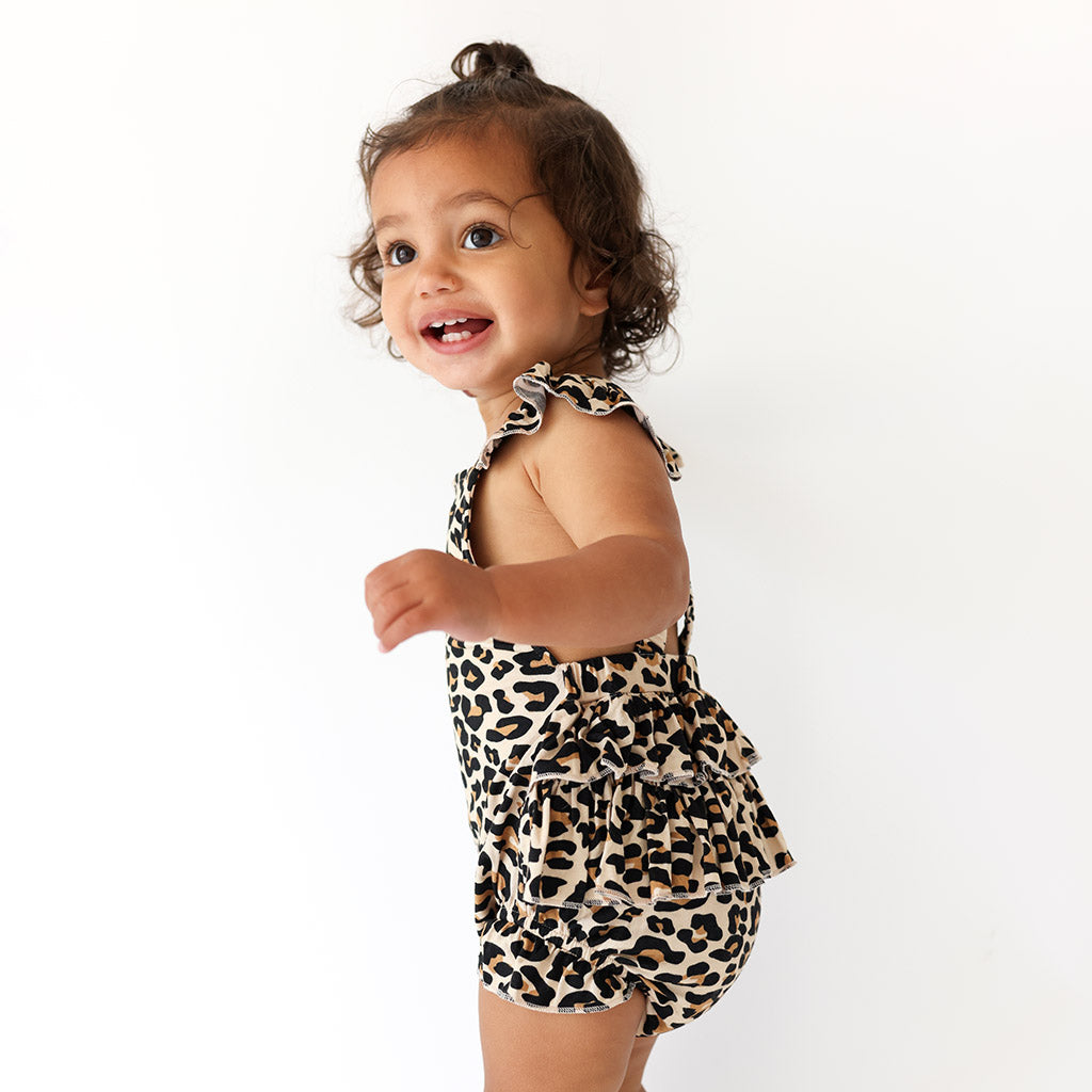 Lana Leopard Tan Ruffled Strap Bubble Romper