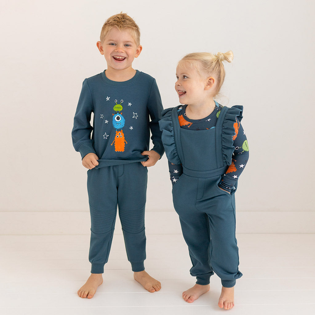 Spacelings Blue Fleece Ruffled Overalls