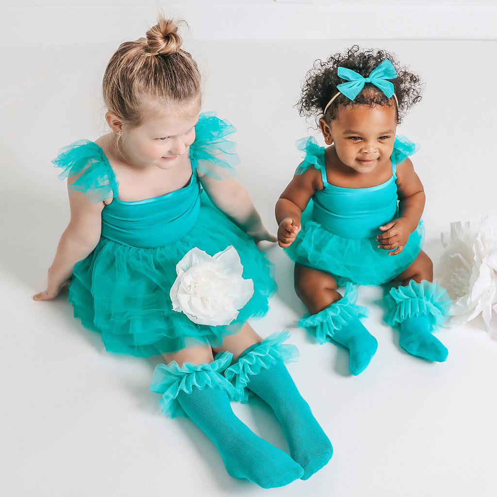 Signature Teal Tulle Smocked Bodysuit Dress
