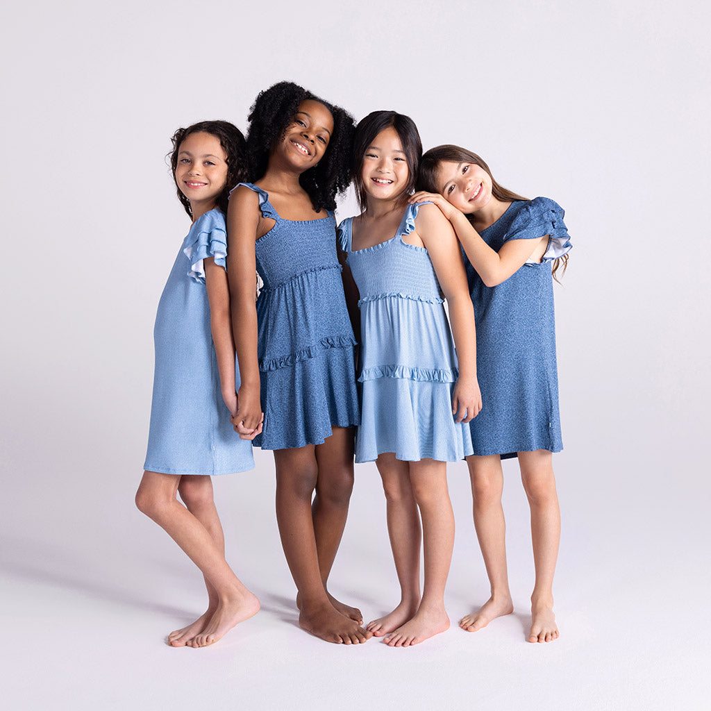 Indigo Denim French Terry Ruffled Dress