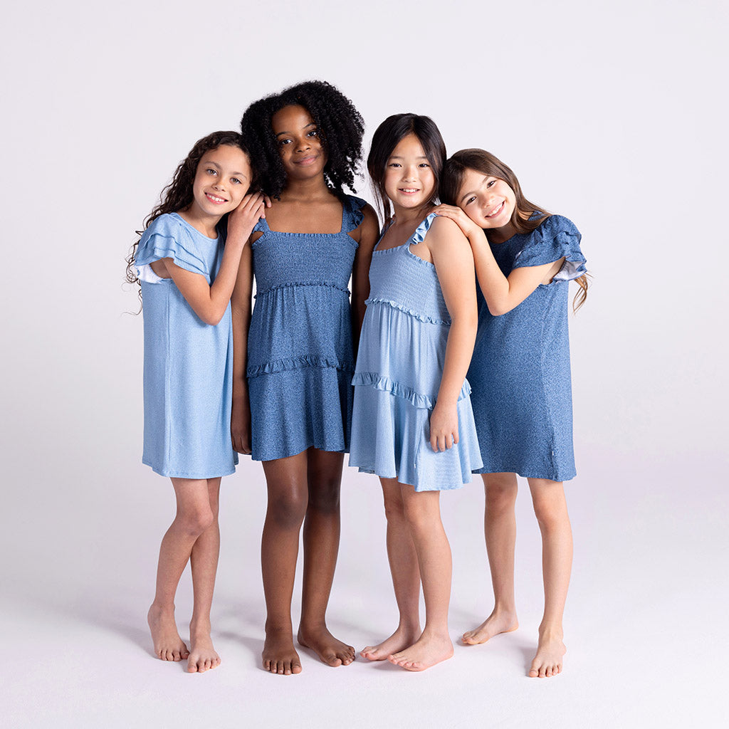 Light Blue Denim French Terry Ruffled Dress