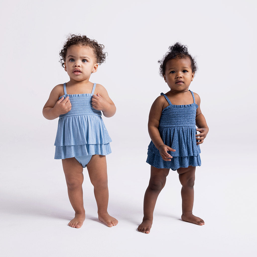 Indigo Denim Smocked Tiered Bodysuit Dress
