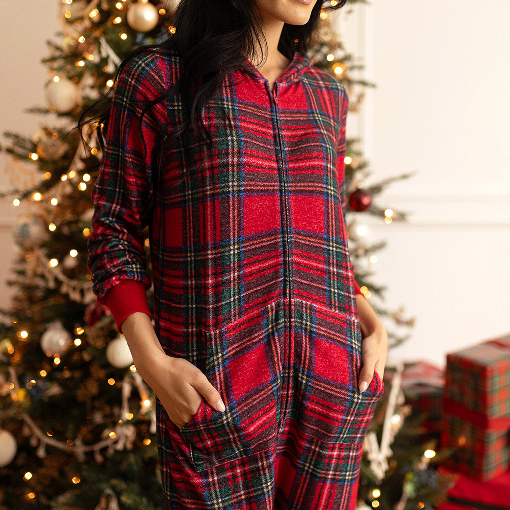 Red Tartan Plaid Women's Pacci™ Hooded Jumpsuit