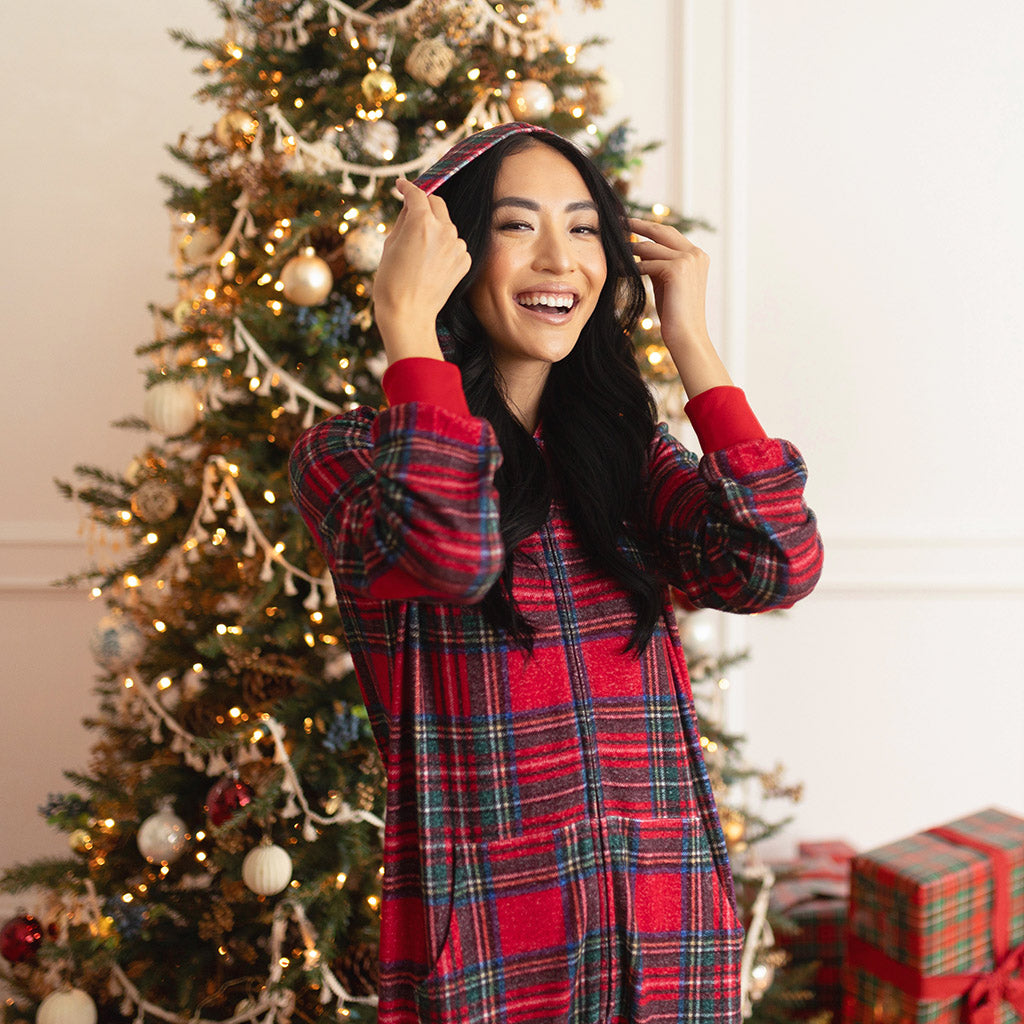 Red Tartan Plaid Women's Pacci™ Hooded Jumpsuit