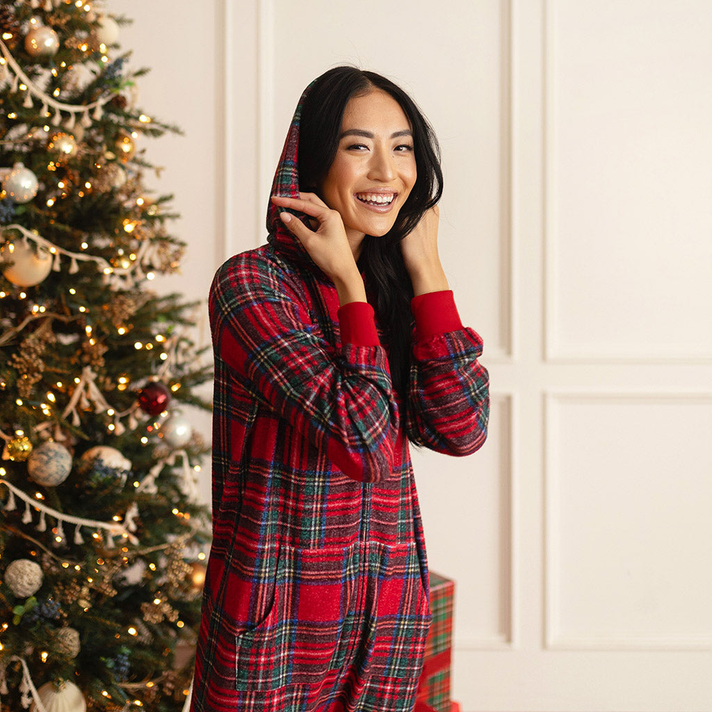Red Tartan Plaid Women's Pacci™ Hooded Jumpsuit