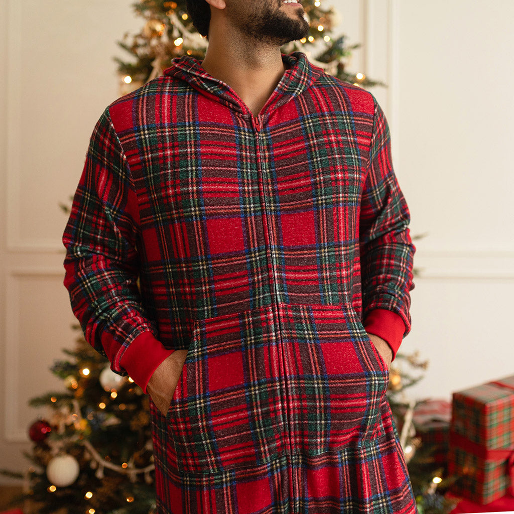 Red Tartan Plaid Men's Pacci Hooded Jumpsuit
