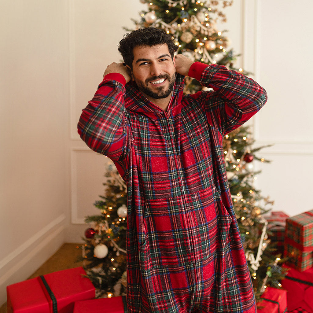 Red Tartan Plaid Men's Pacci Hooded Jumpsuit