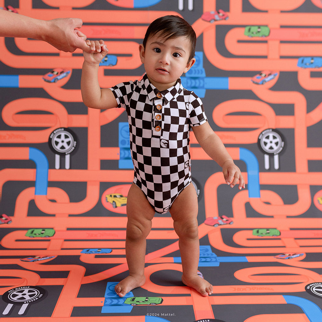 Hot Wheels™ Retro Checker Short Sleeve Collared Henley Bodysuit